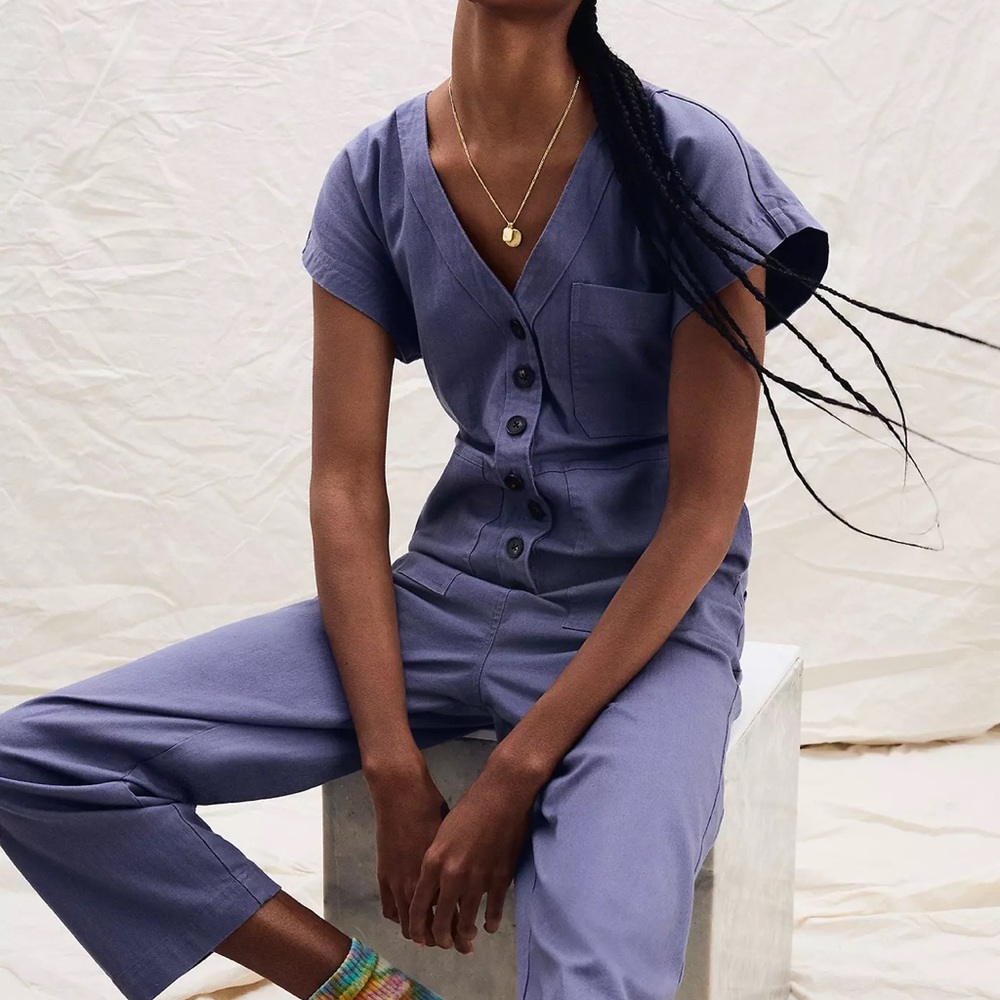 Madewell Cap-Sleeve Jumpsuit button front short sleeve blue women’s small